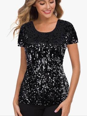 Maner Black Sequin Top Womens XL Black Fitted Party Holiday NWT Bling Elegant